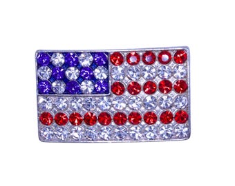 Broche vintage con pedrería de la bandera estadounidense - Alfiler patriótico de cristal rojo, blanco y azul