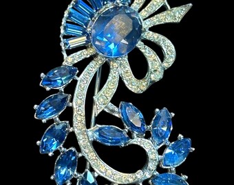 Vintage Joseph Weisner Brooch – Blue Topaz Marquise Baguette Rhinestones Silver-Tone Flower