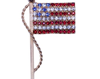 Broche vintage con pedrería de la bandera estadounidense - Alfiler patriótico de cristal rojo, blanco y azul