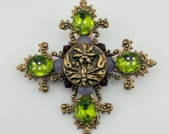 Grandmother's Buttons Cross Brooch - Green Rhinestone Cross Pin
