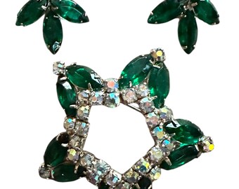 Vintage Emerald Green Wreath Brooch and Clip-On Earring Set