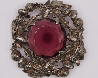 Broche vintage de cardo escocés Miracle - Gran piedra de cristal de amatista púrpura - Joyería celta de las Tierras Altas - Hecho en Inglaterra