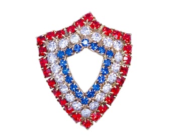 Broche de escudo patriótico vintage con diamantes de imitación - Alfiler de cristal rojo, blanco y azul