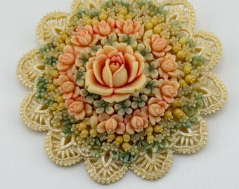 Vintage Floral Brooch - Handcrafted Rose Bouquet Pin with Lace Detail