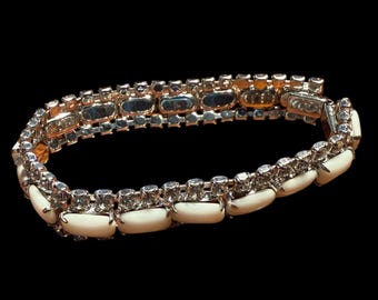 Vintage Kramer Bracelet with Milk Glass and Clear Rhinestone - Mid Century Bracelet