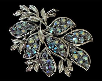 Vintage CORO Leaf Motif Brooch with Blue Aurora Borealis Crystals – Nature Inspired Pin