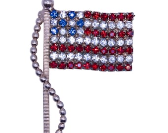 Broche vintage con pedrería de la bandera estadounidense - Alfiler patriótico de cristal rojo, blanco y azul