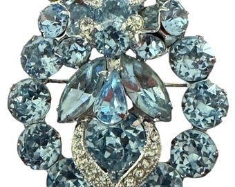 Vintage Eisenberg Blue Rhinestone Brooch - Sparkling Floral Cluster Pin - Silver Tone Statement Jewelry