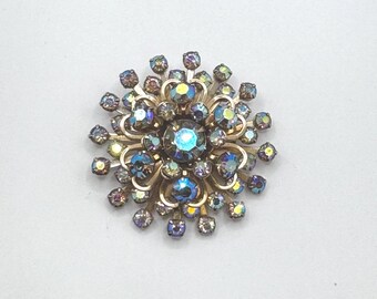 Vintage Gold-Tone Aurora Borealis Rhinestone Brooch - Classic Mid-Century Style