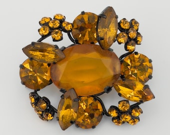 Vintage Amber Rhinestone Brooch - Statement Floral Pin with Faceted Stones