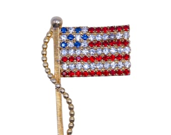 Broche vintage con pedrería de la bandera estadounidense - Alfiler patriótico de cristal rojo, blanco y azul