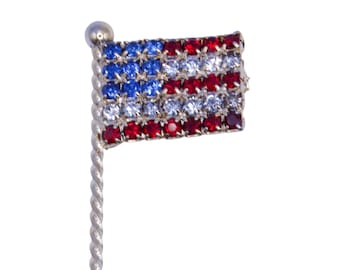 Broche vintage con pedrería de la bandera estadounidense - Alfiler patriótico de cristal rojo, blanco y azul