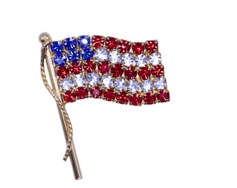 Broche vintage con pedrería de la bandera estadounidense - Alfiler patriótico de cristal rojo, blanco y azul