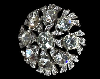 Vintage ORA Clear Rhinestone Floral Brooch