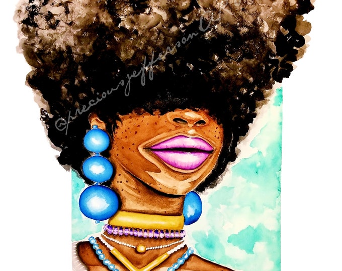 Afro Art | Big Hair | Black Art | African Art | Colorful Art |  Jewelry Art | Watercolor | Fine Art Print | "Miss Fluffy"