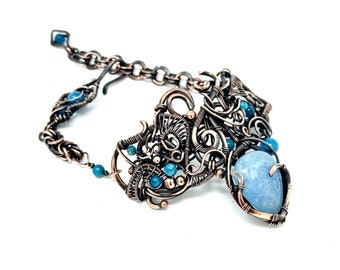 Handmade copper wire wrapped bracelet cuff with Blue Jade and Apatite gemstones