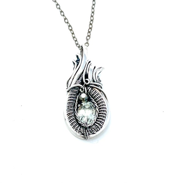 Handmade fine silver Quartz pendant necklace wire wrapped