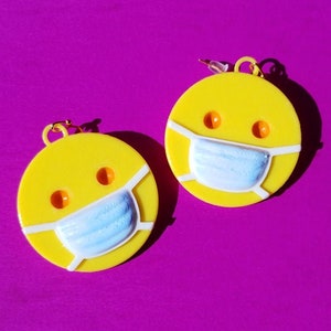 Masked Emoji Earrings, with 14k Gold Plated or Stainless Steel Hooks, Hand-painted, 3D Printed Plastic