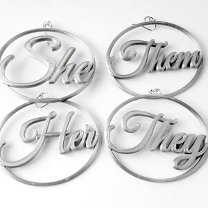 Pronouns Earrings, Silver Metallic Tone Biodegradable Plastic, 3D Printed