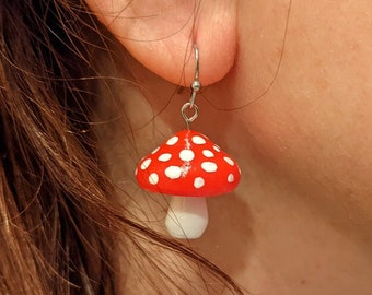 Mushroom Earrings, with 14k Gold Plated or Stainless Steel Hooks, 3D Printed Hand Painted with Acrylic Paints