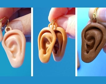 Ears Earrings, Available In Light, Medium, or Dark Skin Tones, with 14k Gold Plated or Stainless Steel Hooks, 3D Printed