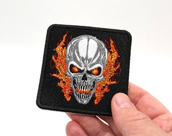 Flaming Skull Fully Embroidered Patch, Choice of Iron-On or Sew On