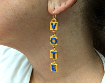 Vote Blue Vertical Kinetic Statement Earrings in Gold Tone or Silver Tone Plastic, with 14k Gold Plated or Stainless Steel Hooks, 3D Printed