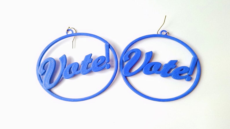 Vote Earrings, Multiple Color Options, 3D Printed Biodegradable PLA Plastic Blue