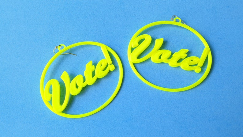 Vote Earrings, Multiple Color Options, 3D Printed Biodegradable PLA Plastic Fluorescent Yellow