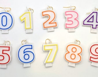 Birthday Candle Number Earrings, In Multiple Color Options, with 14k Gold Plated or Stainless Steel Hooks, 3D Printed
