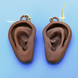 Ears Earrings, Available In Light, Medium, or Dark Skin Tones, with 14k Gold Plated or Stainless Steel Hooks, 3D Printed Dark