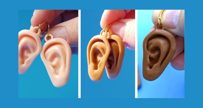 Ears Earrings, Available In Light, Medium, or Dark Skin Tones, with 14k Gold Plated or Stainless Steel Hooks, 3D Printed image 1