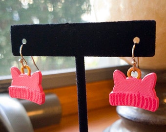 Pussy Hat Earrings with 14k Gold Plated or Stainless Steel Hooks, 3D Printed Hand Painted with Acrylic Paints