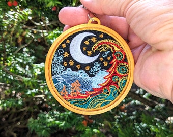 Christmas Moon Winter Scene Holiday Ornament, Fully Embroidered Inside a 3D Printed Gold Tone Backing