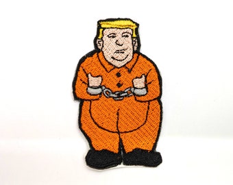 Cartoon Trump In Prison Fully Embroidered Patch, Choice of Iron-On or Sew On