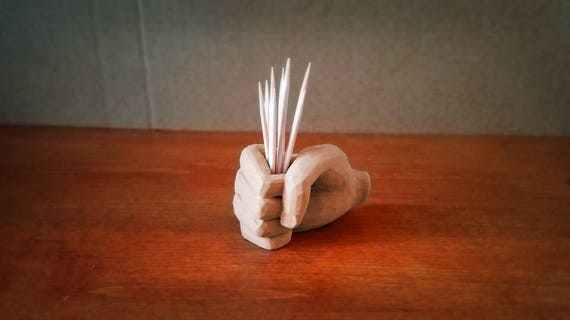 Toothpick Holder: Chiseled Fist, 3D Printed Wood Color Biodegradable Plastic