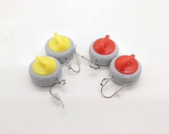 Curling Stone Earrings, Choice of Red, Yellow, or Blue Caps, with 14k Gold Plated or Stainless Steel Hooks, 3D Printed