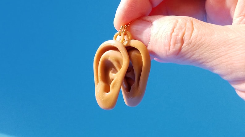 Ears Earrings, Available In Light, Medium, or Dark Skin Tones, with 14k Gold Plated or Stainless Steel Hooks, 3D Printed image 2