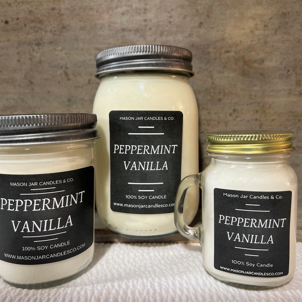 Peppermint Vanilla Candle | Winter Candle | Personalized Candle | Mason Jar Candle | Soy Wax Candle