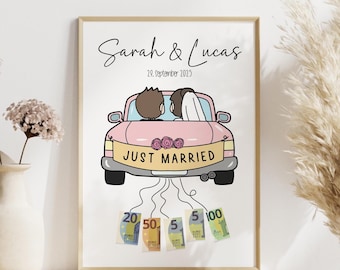 Personalized money gift for bride and groom, money gift for wedding, car with banknotes, wedding gift packaging, wedding poster
