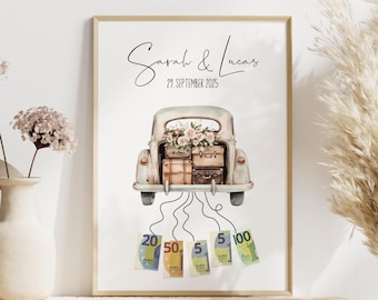 Personalized money gift for bride and groom, money gift for wedding, car with banknotes, wedding gift packaging, wedding poster