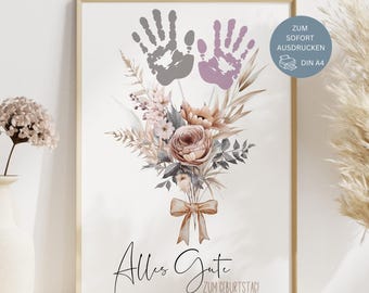 Poster met handafdrukken voor verjaardagen, handafdrukken van kinderen, handafdruk van een boeket bloemen, gepersonaliseerd cadeau, PDF