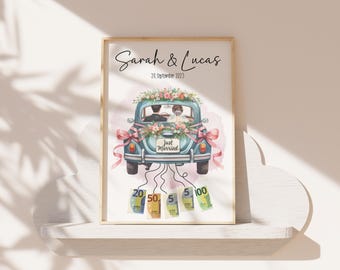 Personalized money gift for bride and groom, money gift for wedding, car with banknotes, wedding gift packaging, wedding poster