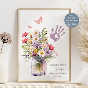 Cadeau baby-sitter, cadeau d'adieu baby-sitter, empreinte de main, photo fleur, bouquet, idée remerciement, PDF, DIY, cadeau dernière minute