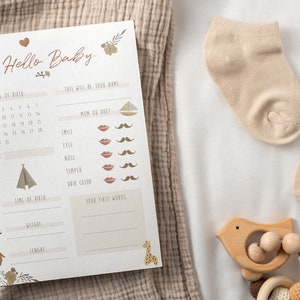 Kaart voor babyvoorspellingen, babyshowerspellen, advies en wensen voor aanstaande ouders, babyvoorspellingen en advies