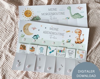 May include: Two white printable chore charts with dinosaur illustrations. The charts, labelled "Meine Morgenroutine" and "Meine Abendroutine", feature a sun, moon, stars, and various activity icons. The text "DIGITALER DOWNLOAD" is also visible.