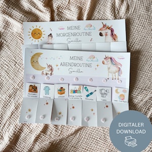 Può includere: Due tabelle di compiti stampabili a tema unicorno. La tabella in alto recita "MEINE MORGENROUTINE Smilla" e la tabella in basso recita "MEINE ABENDROUTINE Smilla". Le tabelle hanno illustrazioni di sole, luna e stelle.