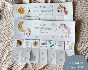 May include: Two printable chore charts with a unicorn theme. The top chart reads "MEINE MORGENROUTINE Smilla" and the bottom chart reads "MEINE ABENDROUTINE Smilla". The charts have illustrations of a sun, moon, and stars.