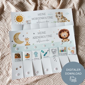 May include: Two illustrated routine charts in German. The top chart reads "MEINE MORGENROUTINE" with a sun and tiger illustration. The bottom chart reads "MEINE ABENDROUTINE" with a moon and lion illustration. Includes icons for daily tasks.