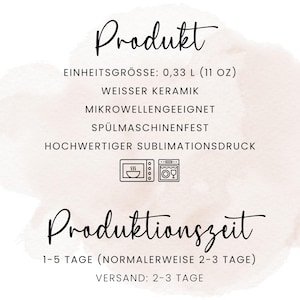May include: White ceramic product information card with the word "Produkt" at the top. The card includes details about the product's size (0.33 L or 11 fl oz), material, and care instructions. It also shows a microwave and dishwasher symbol. The bottom of the card says "Produktionszeit".